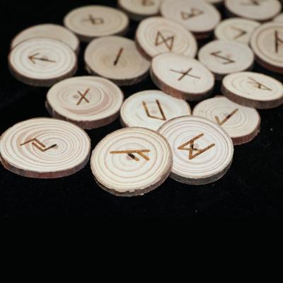 China Round Natural Wood Carving Pagan Elder Futhark Viking Rune Set Norse Europe Decor Aesthetic for sale