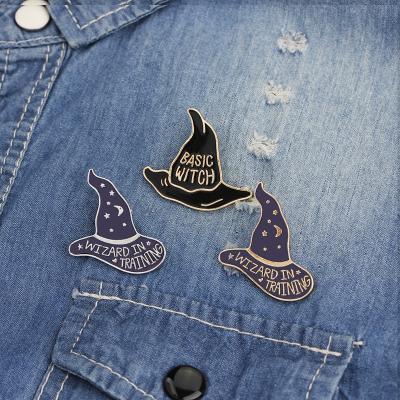 China Wholesale Black Witch Hat Magic Brooch Pin Badges Brooches Retro Religious Halloween Accessory for sale