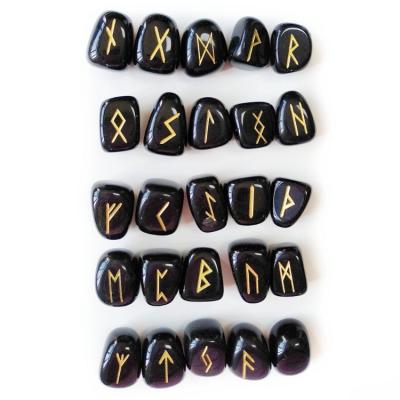 China Natural Tumbled Black Quartz Rune Stones Set Stone Craft Obsidian Viking Wiccan Supplies Engraved Lettering for sale