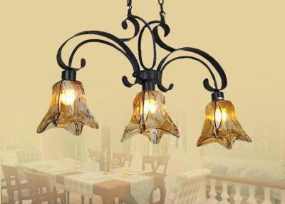 China Amber Glass Shade Wrought Iron Chandelier Unique / Rustic / Retro Style 3 Light , E27 Base for sale