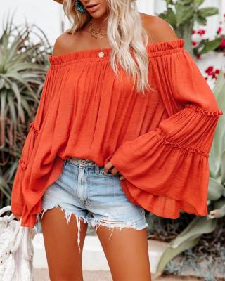 China Anti Pilling Women Summer Chiffon Off The Shoulder Tops Bell Sleeves Chiffon Flare Sleeve Ruffled Tunic Top Casual Cute Ruffle Top for sale