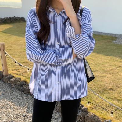 China Women's Breathable Striped Blouse Shirt Button Down Vertical Striped Long Sleeves Lapel Collar Top Rolled Shirt for sale