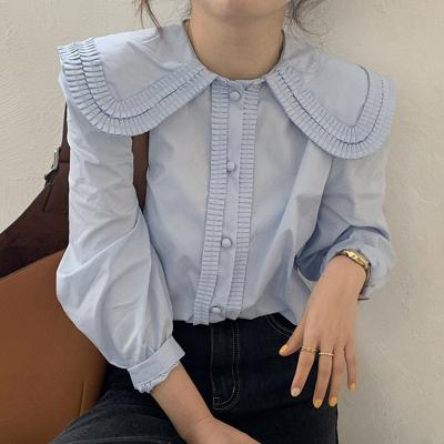 China Sweet Peter Pan Collar Long Sleeves Button Ruffle Anti-pilling Women's Up Korean Style Blouses Beautiful Women Casual Daily Shirt Streetwear for sale