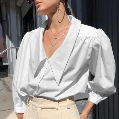 China 2021 Soft Anti-pilling Chiffon Tops Vintage Anti-pilling Long Sleeve V-Neck Blouses Shirt Women White Office Women Straight for sale