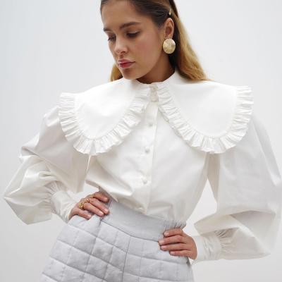 China Peter Pan Collar Ruffle Anti-pilling Blouse Shirt Women's Cotton Lantern Sleeve Lantern Blouse Tops Female Summer Casual White Spring for sale