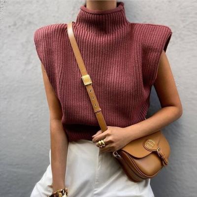 China Yellow Breathable Knitted Sweaters Autumn Fashion Ladies Za Shoulder Turtle Neck Tops Casual Sleeveless Women Knitwear Breathable Protective Sweaters for sale