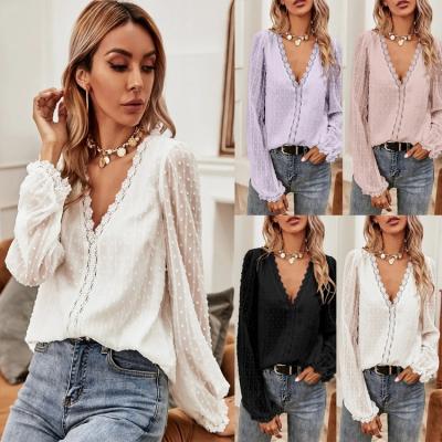 China Elegant Polka Dot Blouses Tunic Vintage V-Neckline Long Sleeve Shirts Summer Women's Anti-pilling Lace Tops for sale