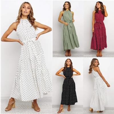 China 2021 Vintage Polka Dot Party Dress Vintage Polka Dot Boho Dress Halter Anti-Wrinkle Summer Beach Dress Women Long Strap Ladies Print Flowers Ladies Dress for sale