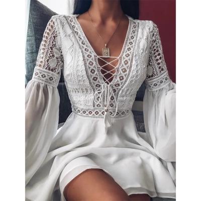 China Breathable V-Neckline Lace Up Mini Dress 2021 Elegant Summer Flare Sleeve Chiffon Beach Sunbathing Hollow Out Lace Up Dress Vestido for sale