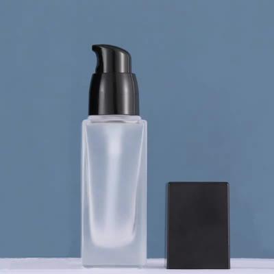 China Personal Care Frosted Square Lotion Bottle 30ml Glass Press BB Cream Foundation Cosmetic Packaging Bottle for sale