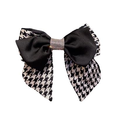 China Fashion RTS Houndstooth Bow Hair Clips Satin Hairpins Girl Hair Accessories Simple Rhinestone Spring Clip for sale