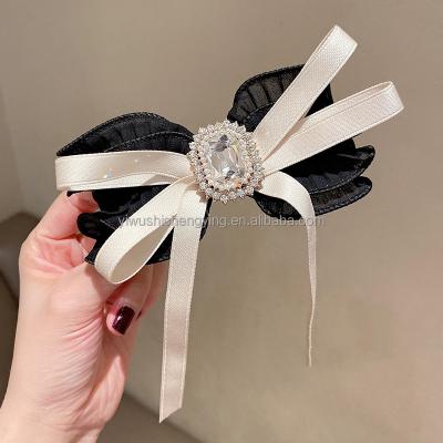 China New Lady's Fashion Bow Hair Clips Girl's Hair Accessories Elegant Ribbon Spring Clip Rhinestone Hairpins for sale