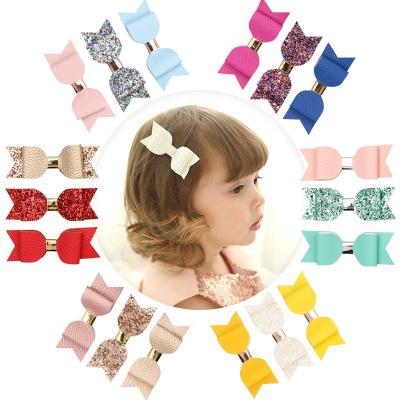 China Fashion Little Girl Hair Clip Set, Glitter Bow Hair Clip, Lychee Pattern Leather Inclusive Clip 3 Pieces Set Hairpins for sale