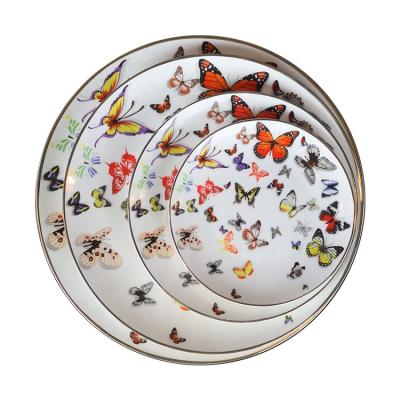 China Viable Bone China Dish Weeding Butterfly Printed White Porcelain Dish Ceramic Dinner Plate for sale