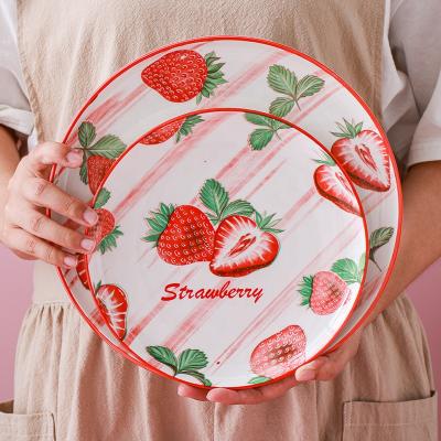 China Sustainable Wholesale Round Strawberry Printed Ceramic Tableware Salad Dishes for sale