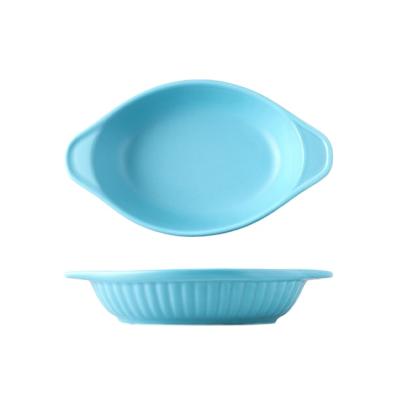 China Wholesale High Quality Viable Wholesale Colorful Ceramic Pan Kitchen Oval Ceramic Dish Pan With Handle Pan Colorful Ceramic Pan Kitchen Salad Cheese Baking Dish for sale