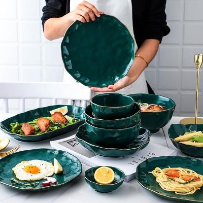 China Viable Modern Bright Green Emerald Dinner Plates Custom Ceramic Dinnerware Soup Bowls Dinnerware Set for sale