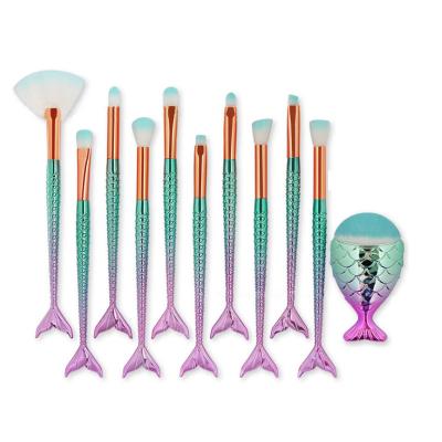 China Angular Blush Colorful Mermaid Metal Handles Nylon Hair 10pcs Plastic Handle Mermaid Makeup Brush Set Fishtail Gradient Makeup Brushes for sale