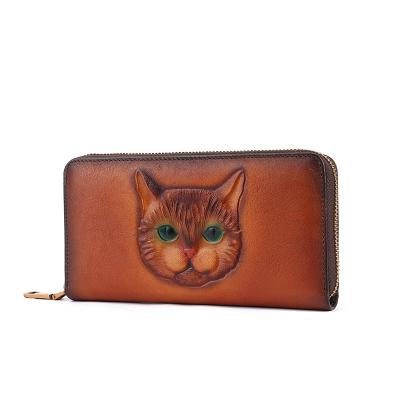 China Wear Resistant Custom Embossed Genuine Leather Wallet With Cute Cat Pattern Classic Brown Card Holder Wallet for sale