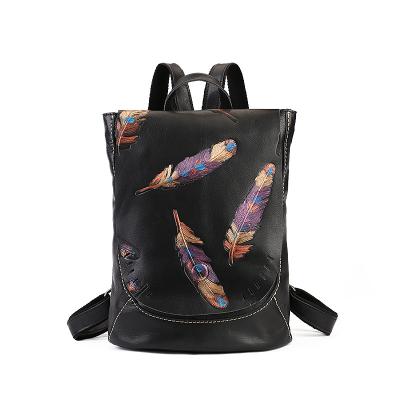 China Waterproof Online Shopping Casual Bags Feather Black Backpack and Soft Design Leather Fashion Handbag for sale