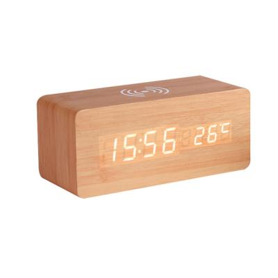 China wood Qi-enabled devices Qi led alarm clock sound contril wireless charger wood with temperature display HL5494 for sale