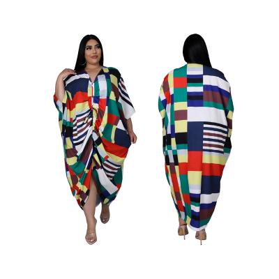 China Sustainable Newcomer Printed Big Striped Swing Pleated Loose Dress Plus Size Women's Dresses for sale