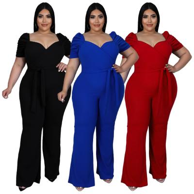 China New Summer V Neck Solid Workable Ruffle Short Sleeve High Waist Plus Size Wide Leg Womens Overalls Womens Trouser Suits for sale