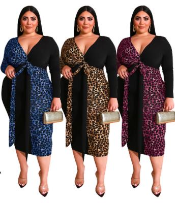 China Color Matching Leopard Print Viable V Spring Bag Deep Hip Long Snug Fit With Belt Plus Size Women's Dresses for sale