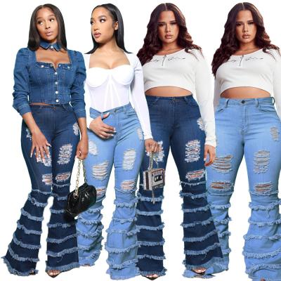 China Fashion Sustainable Women Wide Leg Jeans Plus Size Denim Washed Tassel Ripped Jeans Flare Pants For Womens Jeans for sale