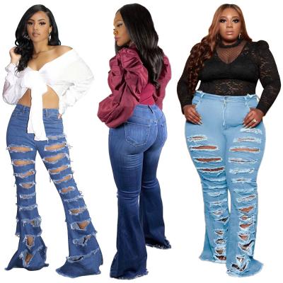 China New Design Women Street Trend Bell Bottom Viable Wide Leg Ripped Denim Pants Ripped Elastic Jeans Pants Plus Size Womens Jeans for sale