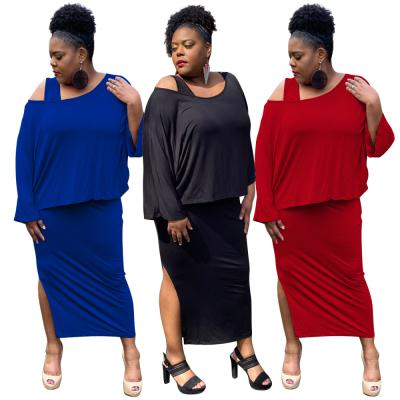 China Viable Casual Solid Plus Size Sets Two Piece Set Women Outfits Loose Slant Collar Top+Vest Split Dress Women Summer Outfits for sale