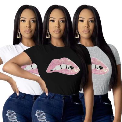 China New Hot Selling Anti-wrinkle Women's Casual O-neck Pullover Main 2022 Summer Women's Clothing Sequin Pink Lips Slim Short T-shirts for sale