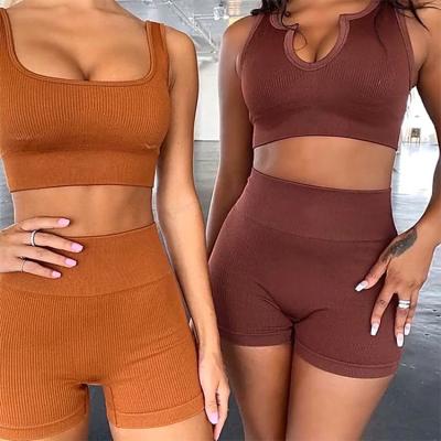 China Wholesale Breathable Seamless Knit 2 Piece Set Short Sleeve Shorts Yoga Clothes Sexy U Neck Gym Clothes for sale