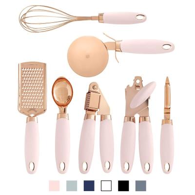 China Stocked 7 PC Kitchen Instrument Set Copper Coated Stainless Steel Utensils Soft Touch Pink Handles for sale