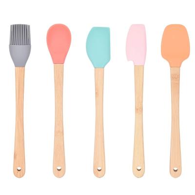 China 5 Pieces Viable Wooden Set Kitchen Cookware Silicone Handle Mini Silicone Utensil Set Cookware Scraper for sale