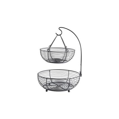 China Creative Viable 2 Tiered Metal Fruit Basket Wire Fruit Holder Vegetable Basket with Banana Hook Fruit Basket Bowl Storage for sale