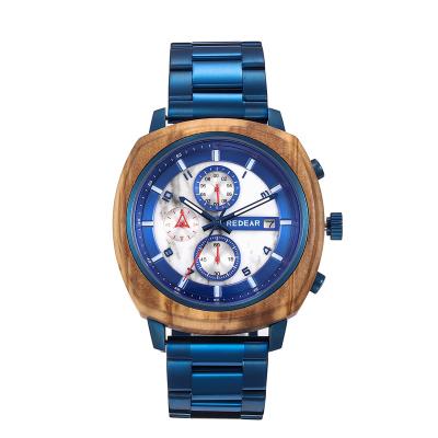 China Automatic Date Olive Wooden Case With Stainless Steel Band Quartz Luxury Wrist Watch for sale