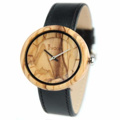 China Your Design Bamboo Water Resistant OEM Wooden Dial Men's Watch Olive Case Bamboo Leather Watches for sale