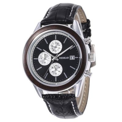 China Automatic date stainless steel and ebony watch wooden quartz band black genuine leather wristwatch for men for sale