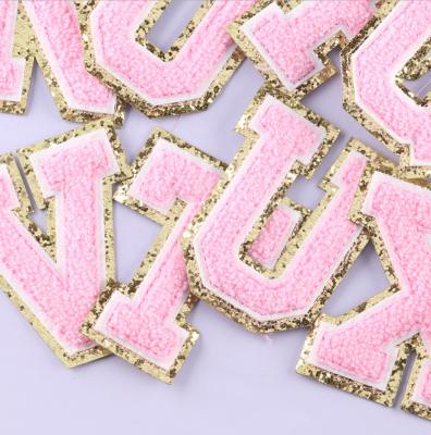 China Wholesale Diy Towel Embroidery Glitter Alphabet Glitter College Letter Patches Iron On Colorful Chenille Iron Letters Patches for sale