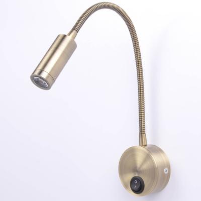 China Modern 3W LED Bedroom Hotel Bed Copper Wall Lamp Modern Brass Head Long Arm Vintage Indoor Bedroom Wall Light for sale