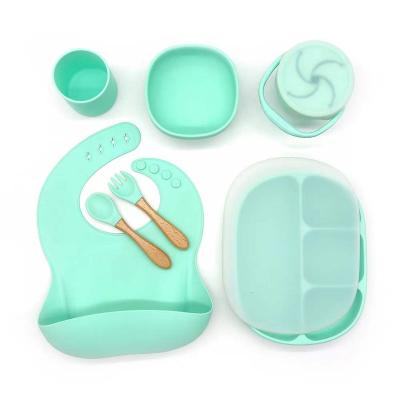 China Factory direct high quality family minimalist baby food supplement silicone seven-piece dinner dish cup bib spoon rice bowl feeding set for sale