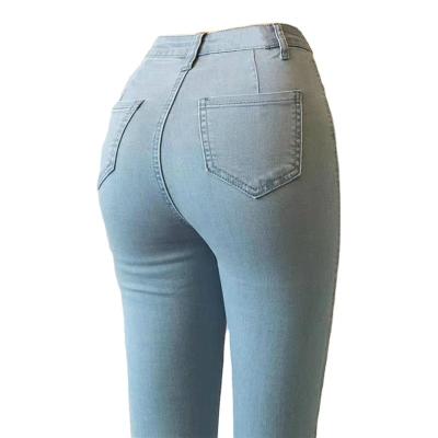 China European and American Peach Buttocks High Waist Elastic Light Blue Denim QUICK DRY Basic TrousersTight and Slim Bag Hip Pencil Pants for sale