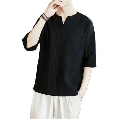 China Summer Men's Short-sleeved Loose Men's Clothing Trend Five-Point T-shirt Chinese Style Anti-wrinkle and Sleeve Cotton Canvas Clothing for sale