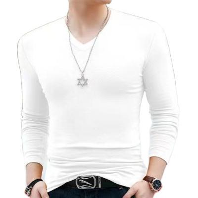 China Autumn Clothes Trend Men's Tight Thin V-Neck T-shirt Autumn And Winter Solid Color Hot Depression Shirt Men Anti-wrinkle for sale