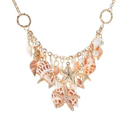 China BOHEMIA Starfish Shell Layered Clear Pearl Beads Chain Necklace Choker Statement Necklace Wedge Necklace for sale