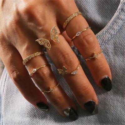 China BOHEMIA 8 PCs/Set Vintage New Design Fashion Butterfly Ring Jewelry Rhinestone Zircon Stone Party Bohemian Style Ring Sets for sale