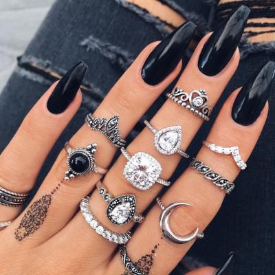 China BOHEMIA 11pcs/set silver ring vintage design jewelry new moon fashion rhinesto stone knuckle zircon ring bohemian style sets for sale