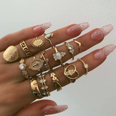 China 15pcs/set BOHEMIA Fashion Design Jewelry Ring Gold Plated Zircon Party Stone Vintage Style Bohemian Ring Sets for sale