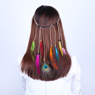 China Feather Bohemia Style Handmade Colorful Feather Headband Peacock Headband Elastic Adjustable Hair Accessories for sale